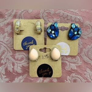 Mixed Earring Set — Peach Teardrops, Blue Crystal Clusters, Gold Ribbed Hoops